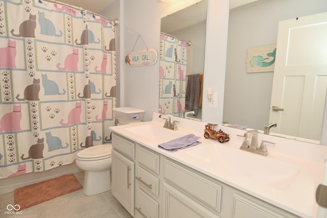 bathroom with tile patterned flooring, vanity, curtained shower, and toilet