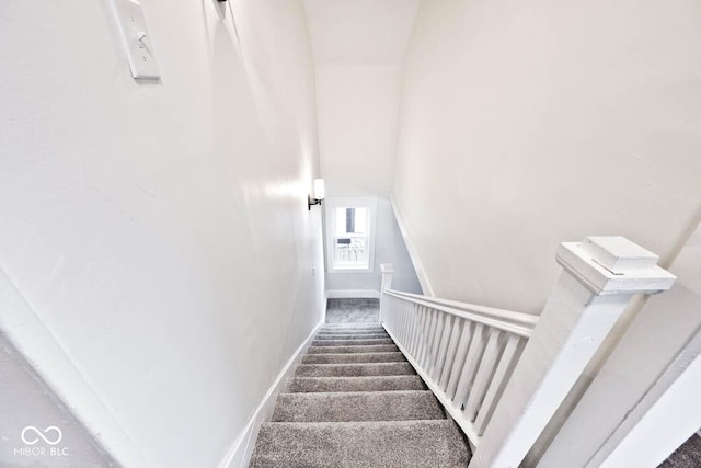 stairway featuring carpet and lofted ceiling