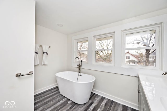 bathroom with vanity, hardwood / wood-style flooring, and a tub