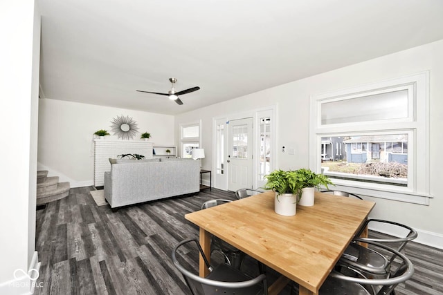 dining area featuring ceiling fan and dark wood-type flooring