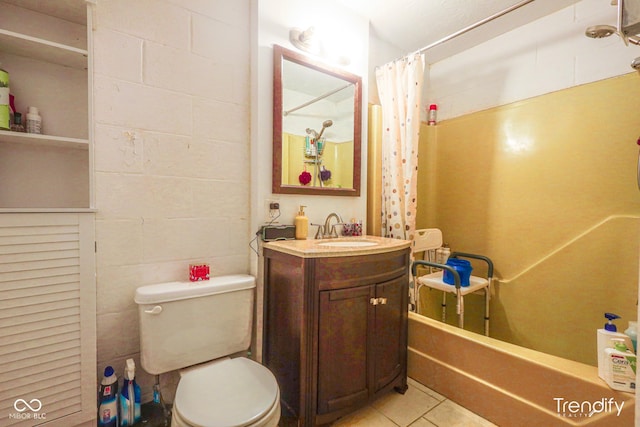 full bathroom with tile patterned flooring, shower / bath combo, toilet, and vanity