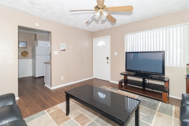 living room featuring ceiling fan and dark hardwood / wood-style flooring