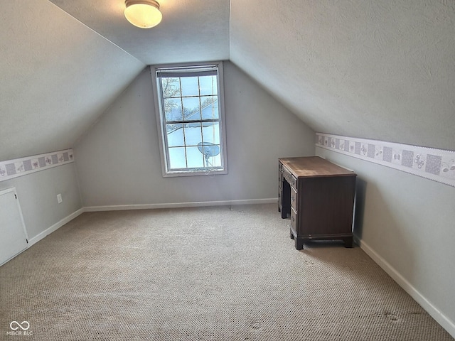 additional living space featuring lofted ceiling, light carpet, and a textured ceiling