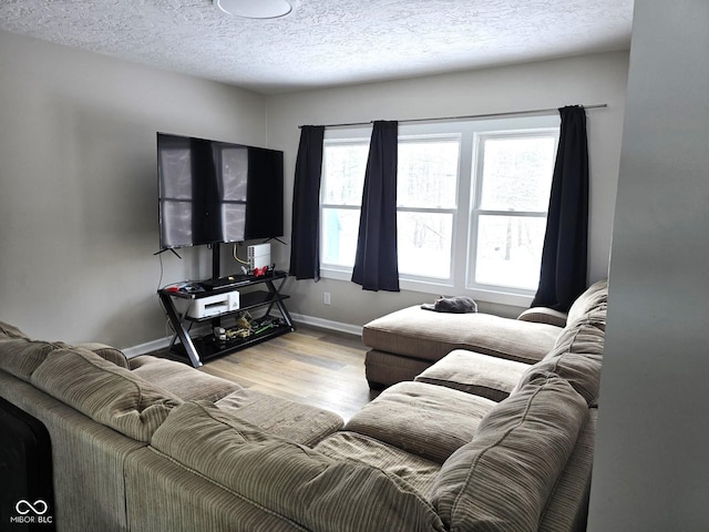 living room featuring light wood-type flooring and a textured ceiling