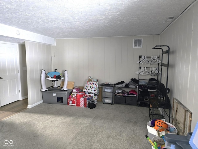 basement with carpet, wood walls, and a textured ceiling