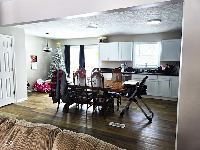 dining room featuring a textured ceiling, dark hardwood / wood-style flooring, and sink