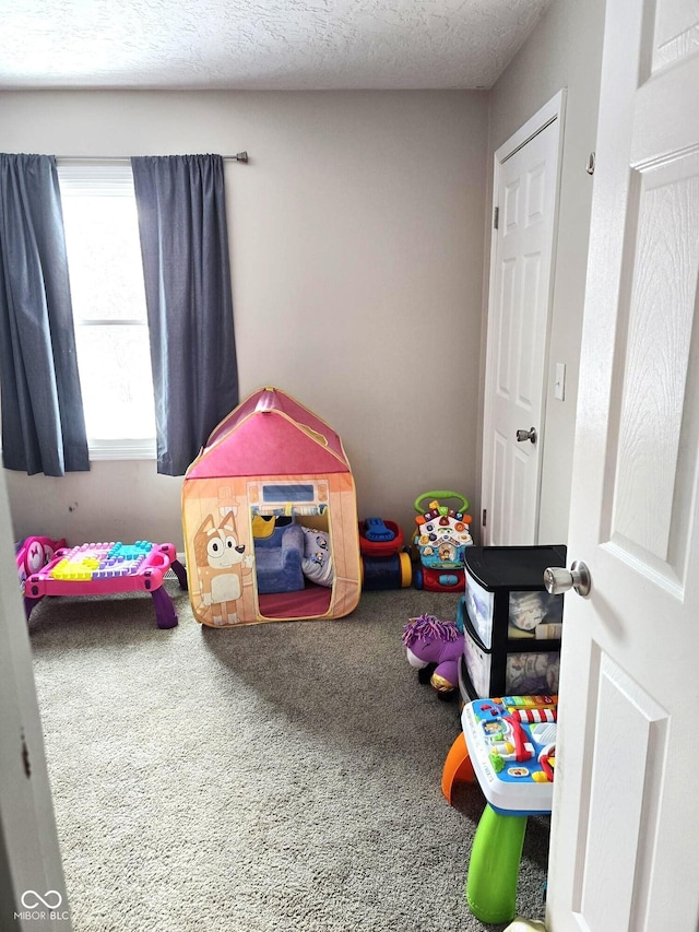 carpeted bedroom with a textured ceiling