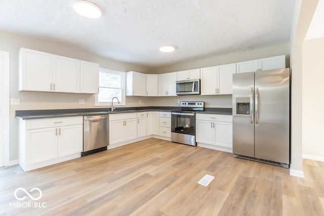 kitchen with white cabinets, sink, light wood-type flooring, and stainless steel appliances