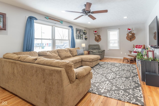 living room featuring ceiling fan, a textured ceiling, and hardwood / wood-style flooring