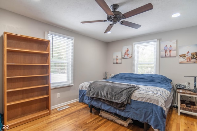 bedroom featuring light hardwood / wood-style flooring and ceiling fan