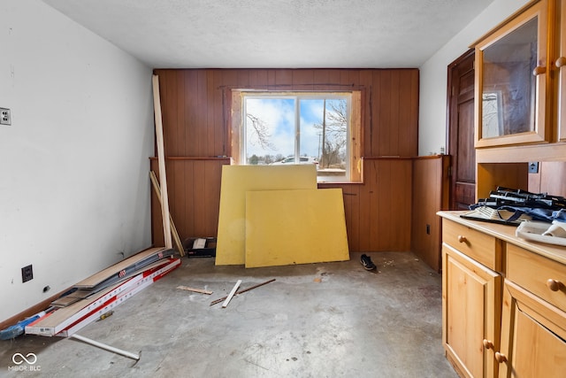 interior space with wood walls and a textured ceiling