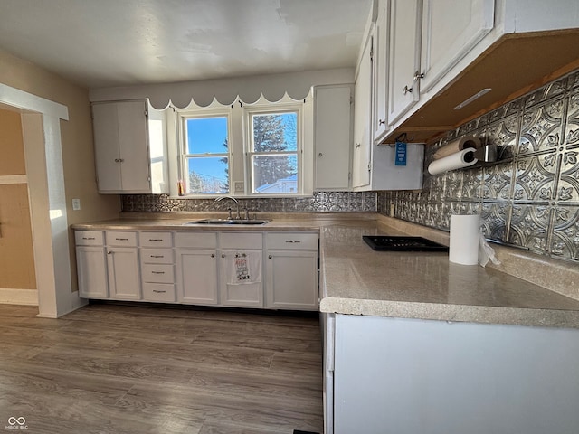 kitchen featuring sink, dark hardwood / wood-style flooring, white cabinetry, and backsplash