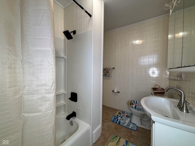 full bathroom with tile patterned flooring, tile walls, toilet, shower / bath combo, and vanity