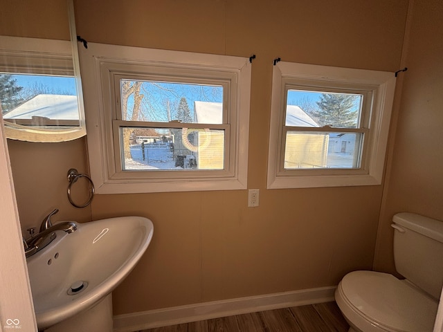 bathroom featuring toilet, wood-type flooring, a healthy amount of sunlight, and sink