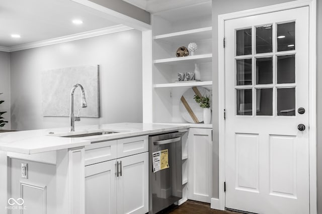 kitchen featuring white cabinetry, dishwasher, sink, dark hardwood / wood-style flooring, and crown molding