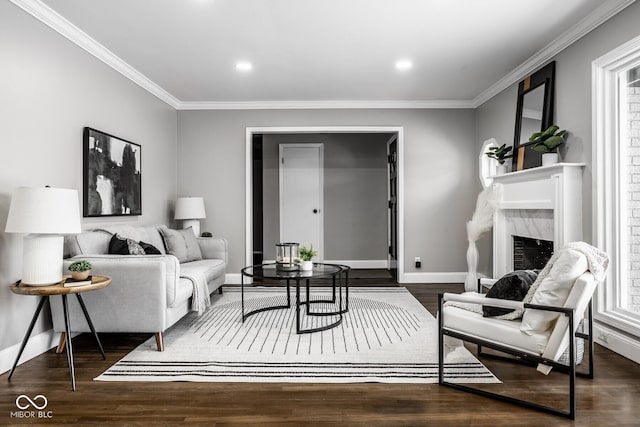 living room with a premium fireplace, ornamental molding, and dark hardwood / wood-style flooring