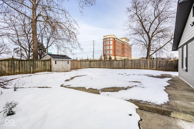 yard covered in snow with a storage unit