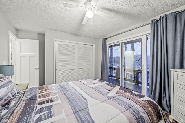 bedroom featuring ceiling fan, access to exterior, and a closet