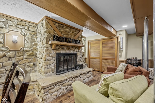 living room with hardwood / wood-style flooring and a stone fireplace