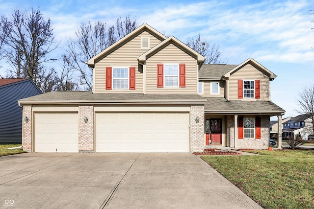 front facade featuring a front lawn and a garage