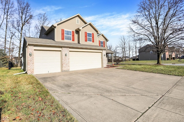 view of property exterior with a yard and a garage