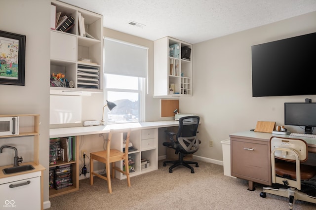 home office with sink, a textured ceiling, and light carpet