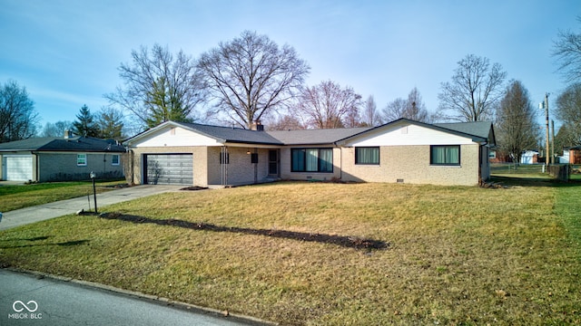 ranch-style house featuring a garage and a front yard