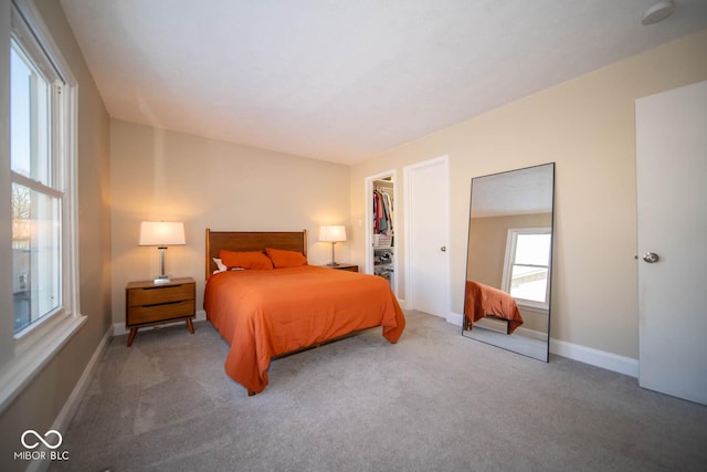 bedroom featuring a closet, a spacious closet, and carpet flooring