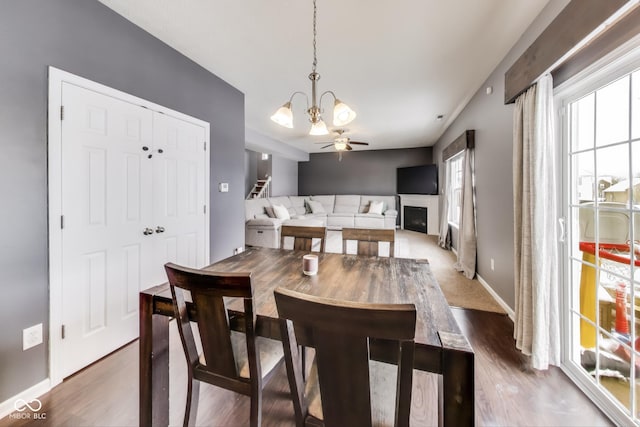 dining room with dark hardwood / wood-style flooring and ceiling fan with notable chandelier