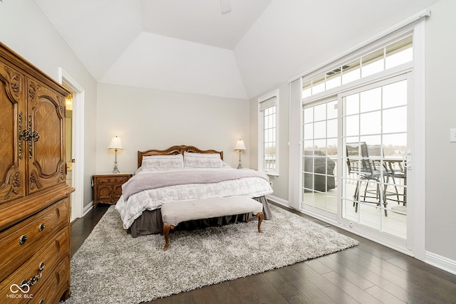 bedroom featuring dark wood-type flooring, a raised ceiling, vaulted ceiling, and access to exterior