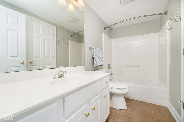 full bathroom featuring shower / tub combination, tile patterned flooring, vanity, and toilet