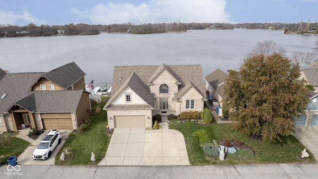 drone / aerial view with a water view