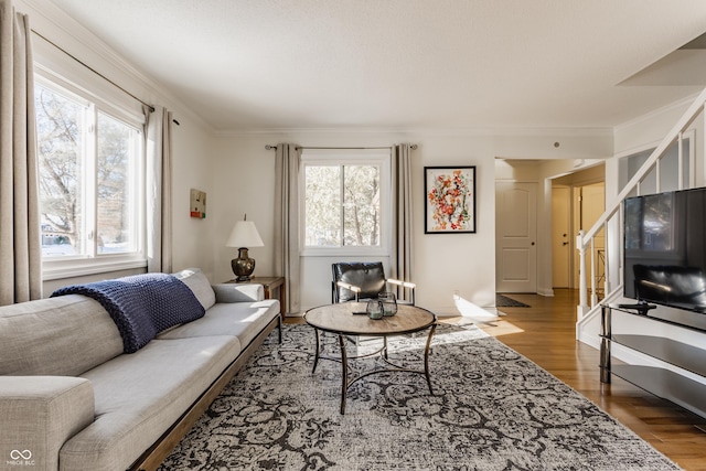 living room featuring ornamental molding and hardwood / wood-style flooring