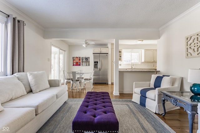 living room with ceiling fan, crown molding, wood-type flooring, and sink