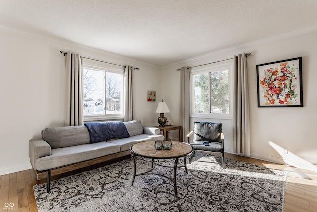 living room featuring hardwood / wood-style flooring, a textured ceiling, and ornamental molding