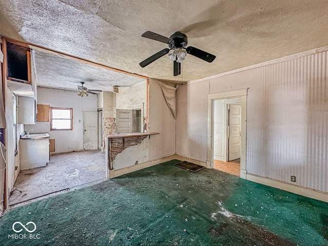 interior space with ceiling fan and a textured ceiling