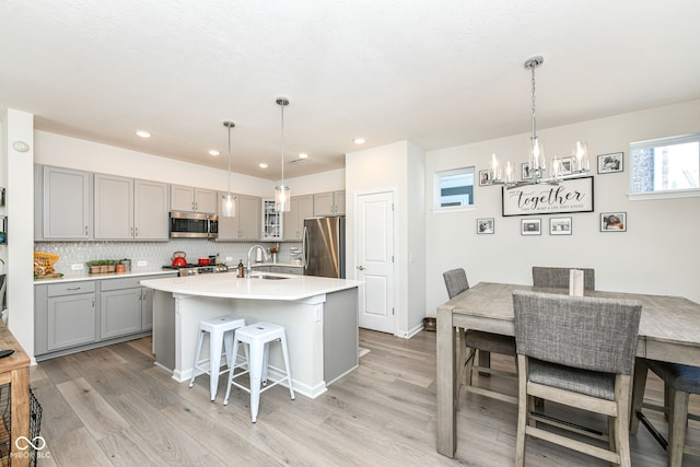 kitchen with stainless steel appliances, decorative backsplash, sink, hanging light fixtures, and a kitchen island with sink