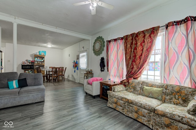 living room with hardwood / wood-style flooring and ceiling fan