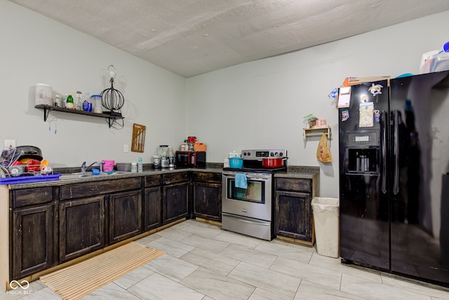 kitchen featuring sink, dark brown cabinetry, a textured ceiling, stainless steel electric range oven, and black fridge with ice dispenser