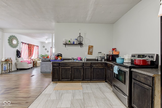 kitchen with sink, ceiling fan, electric range, dark brown cabinetry, and light hardwood / wood-style floors