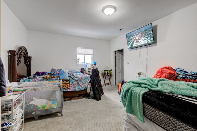 bedroom featuring light colored carpet