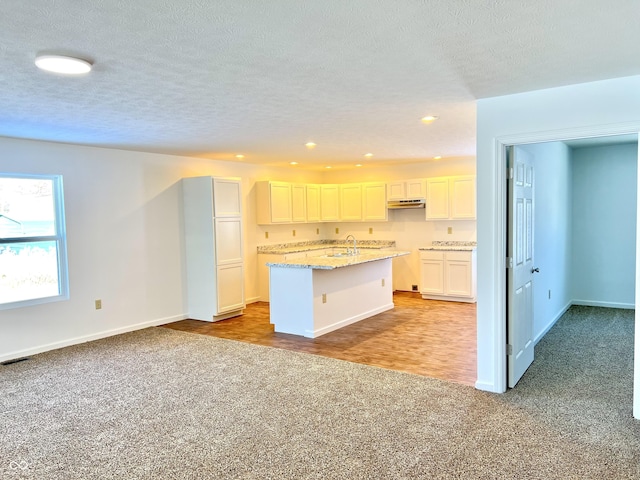 kitchen with light stone counters, a center island with sink, white cabinets, light carpet, and sink