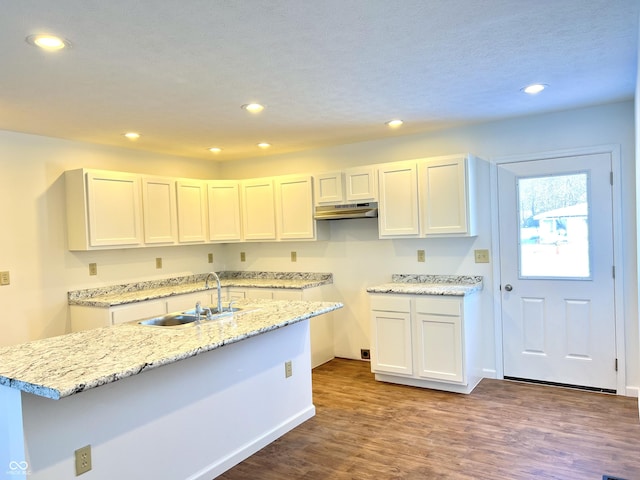 kitchen with sink, white cabinetry, dark hardwood / wood-style floors, light stone countertops, and a kitchen island with sink