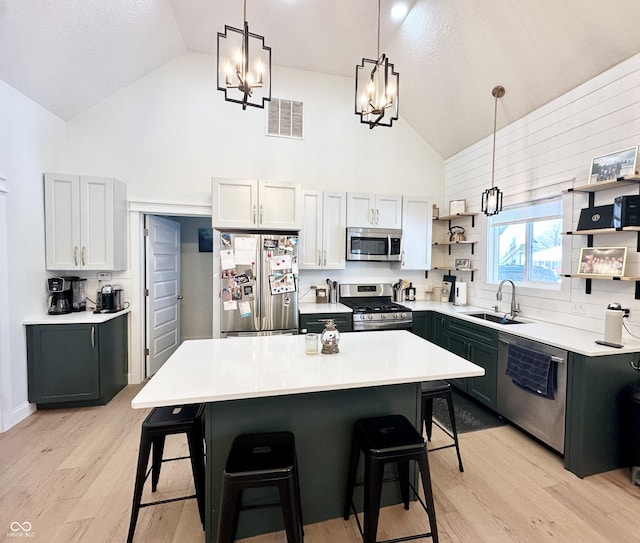 kitchen featuring a kitchen breakfast bar, stainless steel appliances, tasteful backsplash, and sink