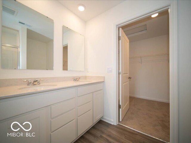 6618 Sulgrove Pl, Indianapolis, IN 46221 - bathroom with double vanity, a spacious closet, visible vents, and a sink