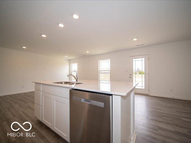 6618 Sulgrove Pl, Indianapolis, IN 46221 - kitchen featuring dishwasher, open floor plan, a sink, and dark wood-style floors