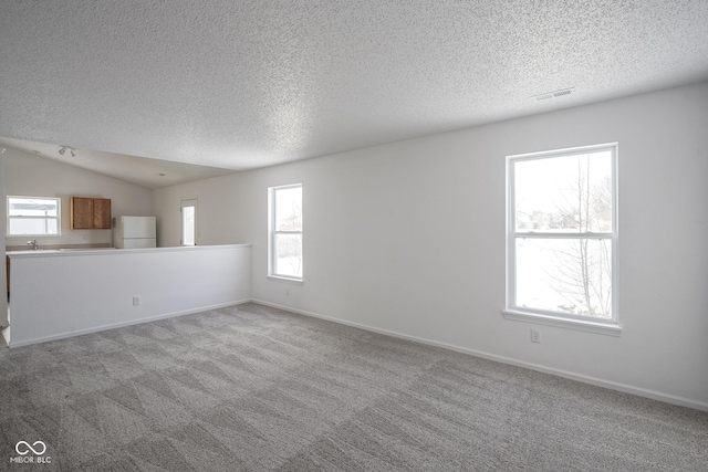 carpeted empty room featuring vaulted ceiling and a textured ceiling