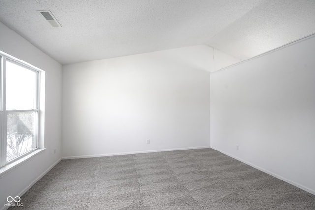 spare room with vaulted ceiling, carpet, and a textured ceiling