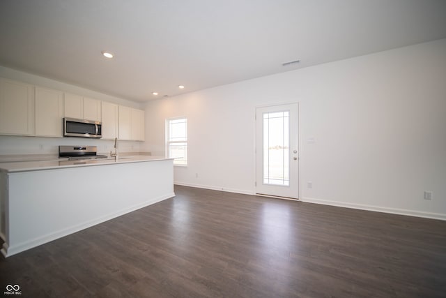 kitchen featuring stainless steel appliances, white cabinetry, and dark hardwood / wood-style flooring