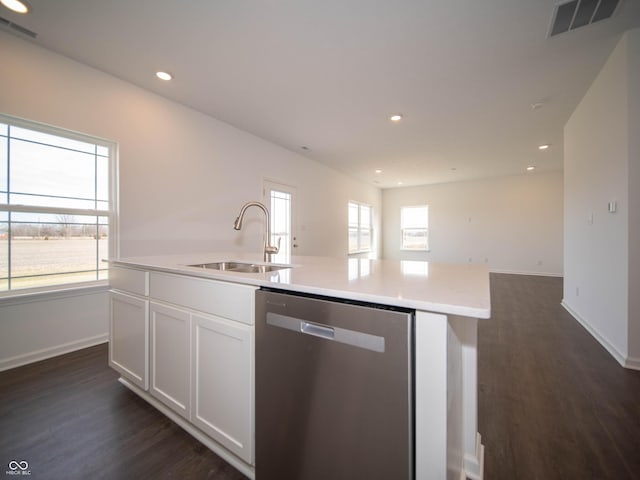 7872 Magnolia St, New Palestine, IN 46163 - kitchen featuring dishwasher, dark wood-style floors, an island with sink, open floor plan, and recessed lighting